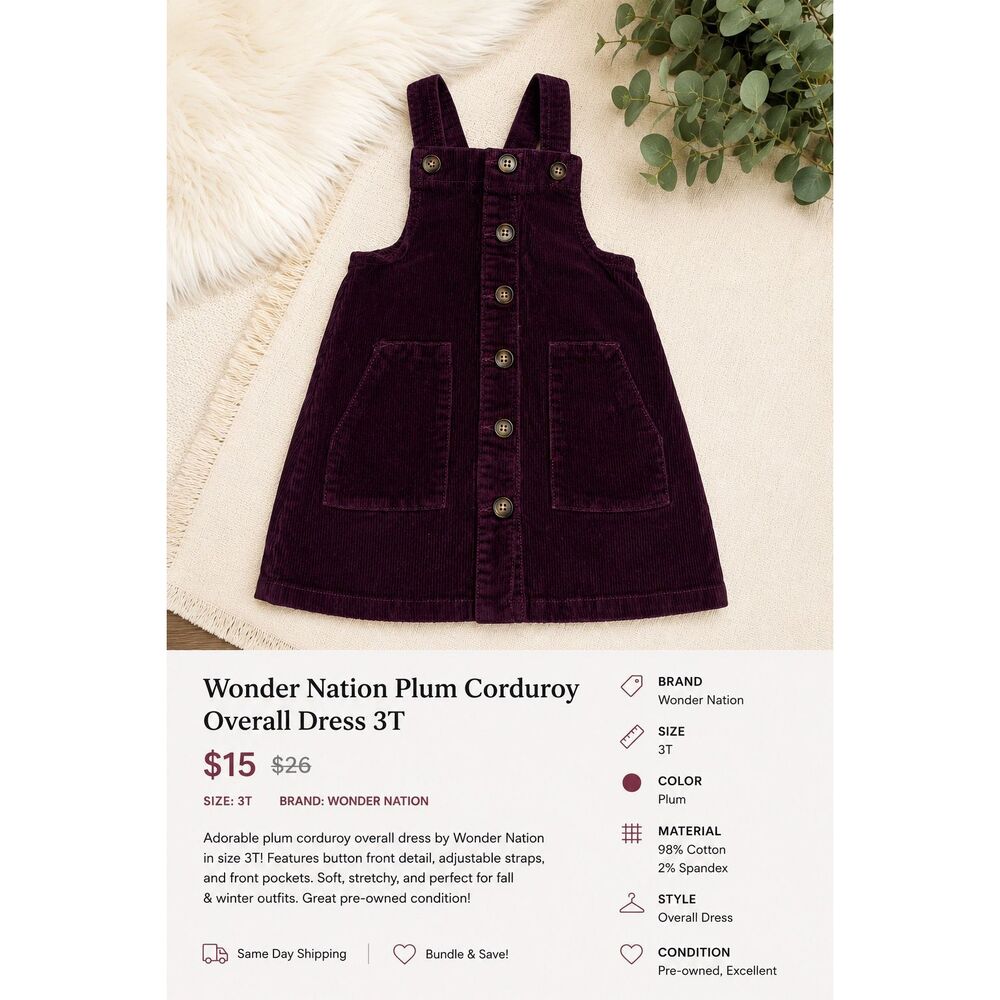 Wonder Nation Plum Corduroy Jumper Dress 3T Toddler Girl Cottagecore - Picture 1 of 3